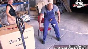 Plump German boss surprises employee and commands intimacy