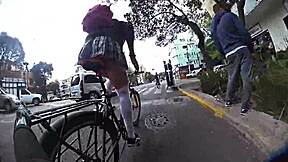 Miniskirt shemale struts city streets upskirt flashing monster bbc pigtails