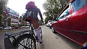 Miniskirt shemale struts city streets upskirt flashing monster bbc pigtails