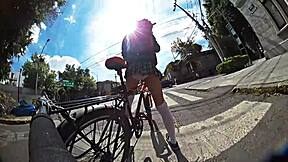 Miniskirt shemale struts city streets upskirt flashing monster bbc pigtails