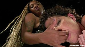 ebony babe straps on for cougar's bound anal pounding session