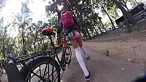 Miniskirt shemale struts city streets upskirt flashing monster bbc pigtails
