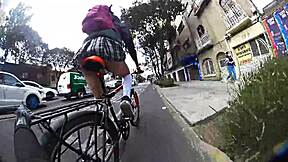 Miniskirt shemale struts city streets upskirt flashing monster bbc pigtails