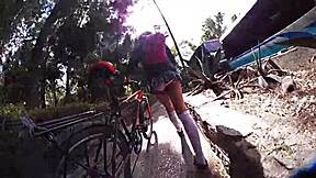 Miniskirt shemale struts city streets upskirt flashing monster bbc pigtails