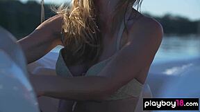 Super sexy Ukrainian brunette Lilii strips naked on boat sunbathing