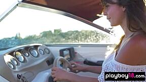 Super sexy Ukrainian brunette Lilii strips naked on boat sunbathing