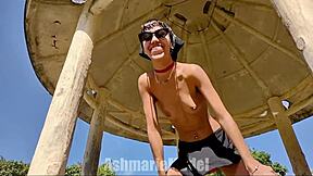 Skinny Latina Bunny Dances Topless Flashes Cameltoe Outdoors!