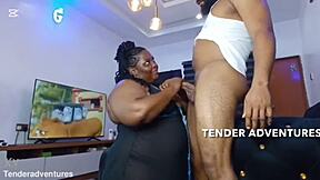 Ebony BBW delivers sloppy blowjob before standing doggy facial cumshot