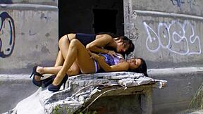 homeless dude roughly fucks outdoor lesbian couple bisexual