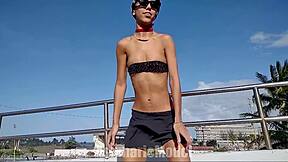 Skinny Latina Bunny Dances Topless Flashes Cameltoe Outdoors!