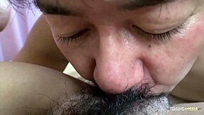 her vibrator buzzes hairy asian milf pussy to squirting orgasm while riding big cock cowgirl