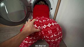 Hot step mom trapped bent over washing machine for step son