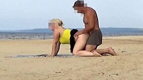 muscular guy bends over huge ass blonde milf on beach island fucking her gaping pussy publicly
