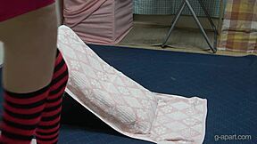 Akane iruma strips shorts socks undresses tall legs teases cameltoe to orgasm