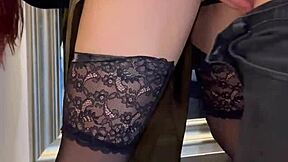 he sneaks over while her husband's gone and pounds that horny secretary's big ass in stockings with his huge cock at home