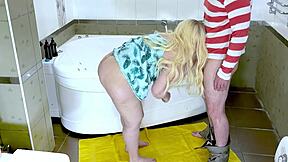 stepson stuffs stepmom's mouth with cock in bathroom fucks pussy anal