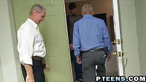 lovely shaved redhead teen sucks two old guys cocks sideways