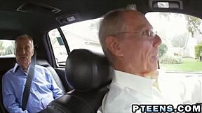 lovely shaved redhead teen sucks two old guys cocks sideways