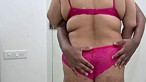 Bikini ebony shakes huge saggy tits giving hubby handjob