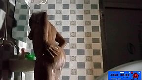 Step sister bends over in shower for rough doggy pounding