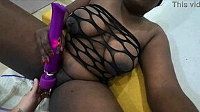 Watch my black wife buzz her pussy with toy then take doggy pounding