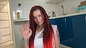 Kitchen cleaning tutorial explodes when mature MILF squirts wildly on cock during massage!