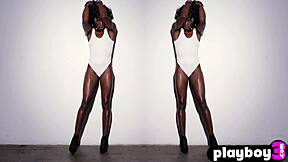 This hot black babe poses sexy then bares her juicy naked ass and tits