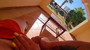 Stepmom sneaks a dirty jerkoff session right on our sunny terrace balcony