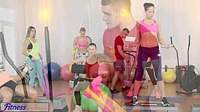 Fitness babes with big tits suck teacher's throbbing cock before group gym fucking to screaming orgasms