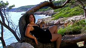 Brunette bent over outdoors takes deep doggystyle assfucking and rides cowgirl on huge cock