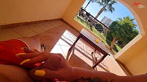 Stepmom sneaks a dirty jerkoff session right on our sunny terrace balcony
