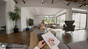 horny blonde nympho bends over desk deepthroats sexologist's huge cock missionary pov vr bangers pt 2