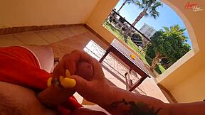 Stepmom sneaks a dirty jerkoff session right on our sunny terrace balcony