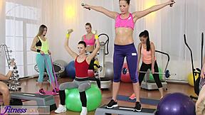 Fitness babes with big tits suck teacher's throbbing cock before group gym fucking to screaming orgasms