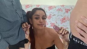 wife lets hubby and friend jerk to her pussy