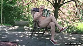 playful teen neighbor seduces old man for backyard outdoor teasing sex