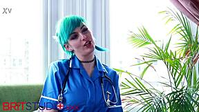 blue haired nurse handles cock in steamy appointment