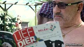 playful teen neighbor seduces old man for backyard outdoor teasing sex