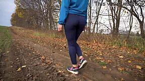 Milf's Tight Ass Teases in Yoga Leggings from Behind