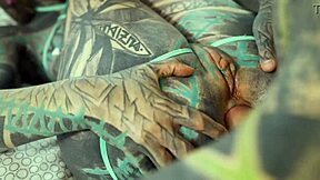 Tattooed babe's shaved pussy and ass gaped by monster cock in bedroom