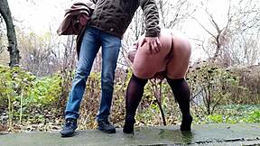 Curvy stepmother pisses on stepson again in pantyhose on street