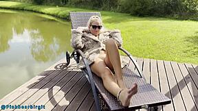 Cute tattooed milf fingers shaved pussy to two real orgasms outdoors in nature