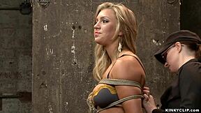 that sexy blonde lesbian bound hogtied choking on sybian dildo ride bdsm pain