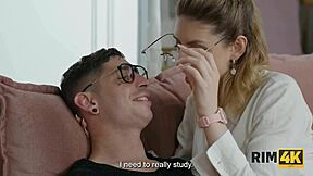 Nerdy blonde couple rims ass on sofa before wild european fetish sex session