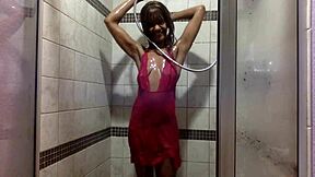 Ginger Ebony Milf's Wet Tits Shine in Lacy Pink Shower Panties Play