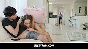 Lustyfam stepbro laps stepsis wet teen pussy then pounds her tight hole hard