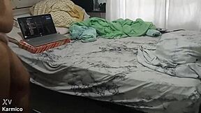 Curvy latina brunette fingers chubby pussy on webcam call