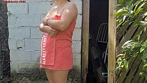 shower fails so towel wife calls farmhand pays with wild backyard sex