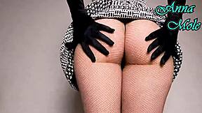 juicy pawg in short dress and gloves spreads then rides huge dildo closeup