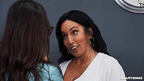 slutty latina milf in heels and glasses fingers her soaked pussy for boss on reality kings set